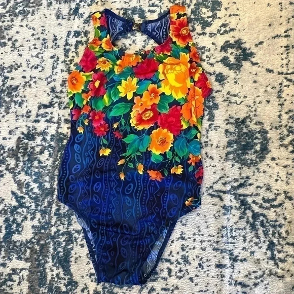 Vintage Floral Tribal Open Back Swimsuit Like New size 13/14 - Picture 1 of 7